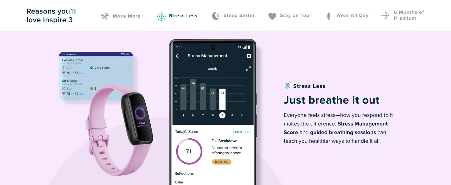 Fitbit Inspire 3 Health &-Fitness-Tracker with Stress Management, Workout Intensity, Sleep Tracking, 24/7 Heart Rate and more, Midnight Zen/Black One Size (S & L Bands Included) 10 stress less - just breathe it out