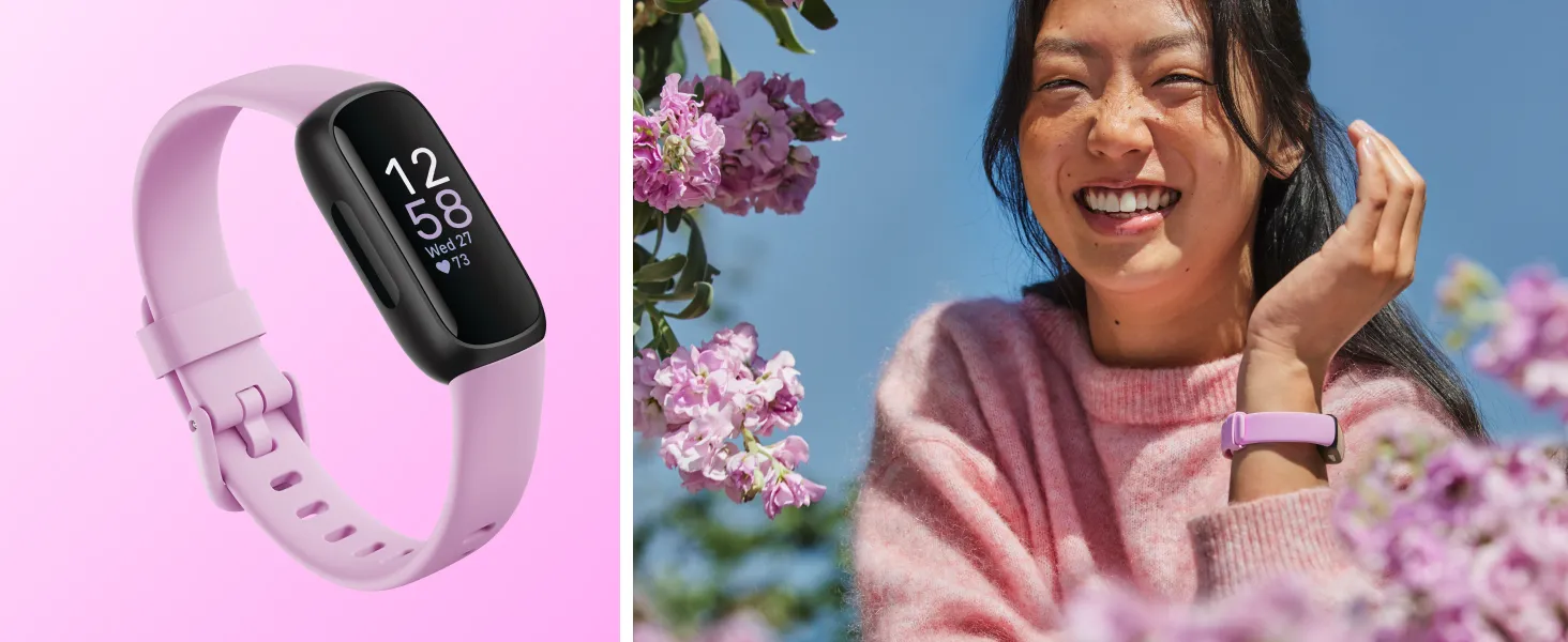 Fitbit Inspire 3 Health &-Fitness-Tracker with Stress Management, Workout Intensity, Sleep Tracking, 24/7 Heart Rate and more, Midnight Zen/Black One Size (S & L Bands Included) 16 pink inspire 3 and women surrounded by pink flowers