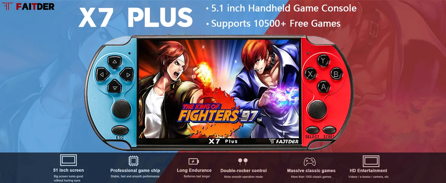 X7Plus 5.1-inch Portable Retro Handheld Game Console, Support 10500+ Free Games PS1/GBC/GBA/FC/MD/Arcade, Dual Joystick Console/MP3/MP4/MP5/Video/Music Birthday Gift for Kids๏ผRed & Blue๏ผ 12 X7Plus 5.1-inch Portable Retro Handheld Game Console, Support 10500+ Free Games PS1