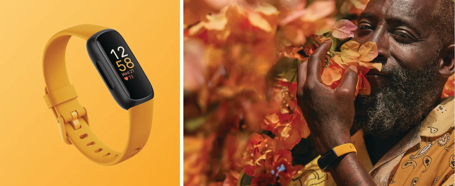 Fitbit Inspire 3 Health &-Fitness-Tracker with Stress Management, Workout Intensity, Sleep Tracking, 24/7 Heart Rate and more, Midnight Zen/Black One Size (S & L Bands Included) 17 yellow inspire 3 and man smelling orange flowers