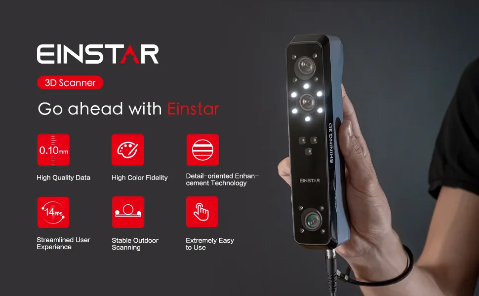 Shining 3D Einstar Handheld 3D Scanner with Detail-Oriented Enhancement Technology Support Scanning Hair and Body, Up to 14FPS Scanning Speed High Quality Collecting Data 3D Scanner for 3D Printer 2 Go ahead with Einstar