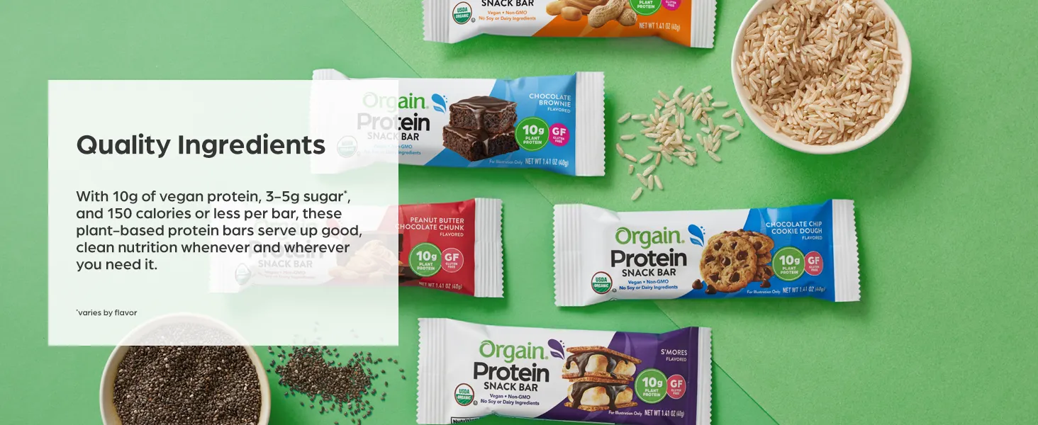 Orgain Organic Vegan Protein Bars, Peanut Butter Chocolate Chunk - 10g Plant Based Protein, Low Calorie Healthy Snacks, No Lactose or Soy Ingredients, Gluten Free, Non-GMO - 1.41 Oz (Pack of 12) 10 quality ingredients