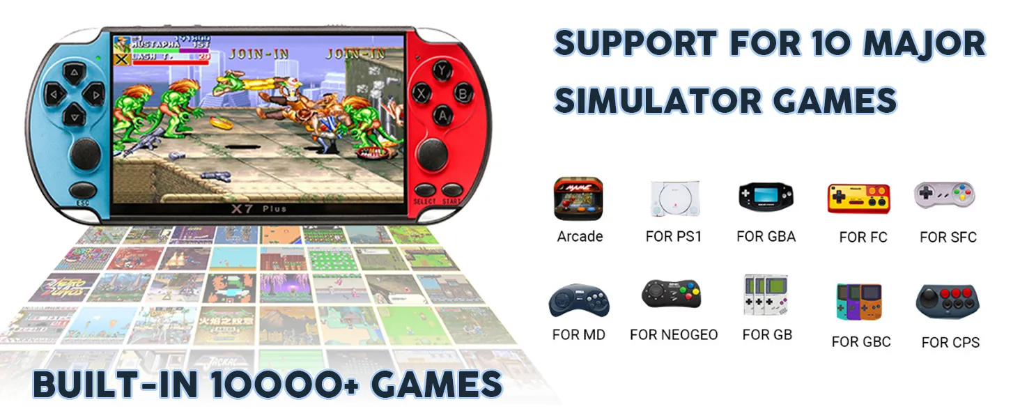 X7Plus 5.1-inch Portable Retro Handheld Game Console, Support 10500+ Free Games PS1/GBC/GBA/FC/MD/Arcade, Dual Joystick Console/MP3/MP4/MP5/Video/Music Birthday Gift for Kids๏ผRed & Blue๏ผ 9 handheld games