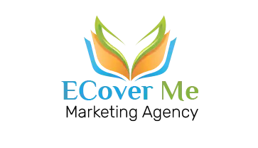 Logo for ECover Me Marketing Agency featuring stylized, colorful leaves forming an open book above the company name in blue and green text, with Marketing Agency written below in black—perfect for a digital marketing or web site design business.
