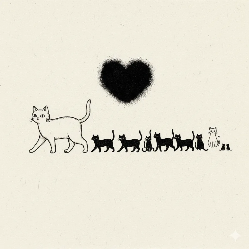 白い親猫と黒い子猫たちが並んで歩き、上に黒いハートが描かれたモノクロのイラスト