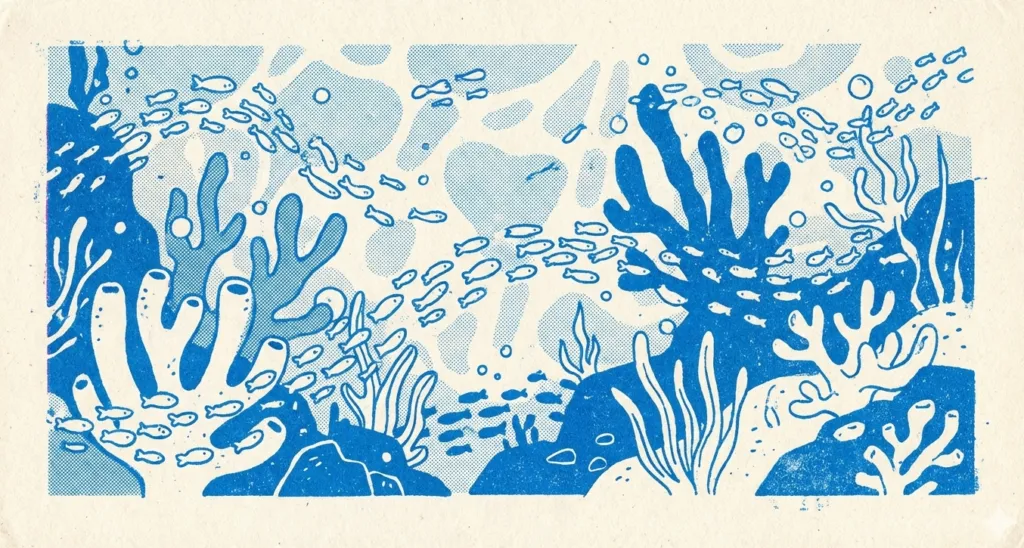 青一色で描かれたサンゴ礁と群れで泳ぐ小さな魚たちのイラスト