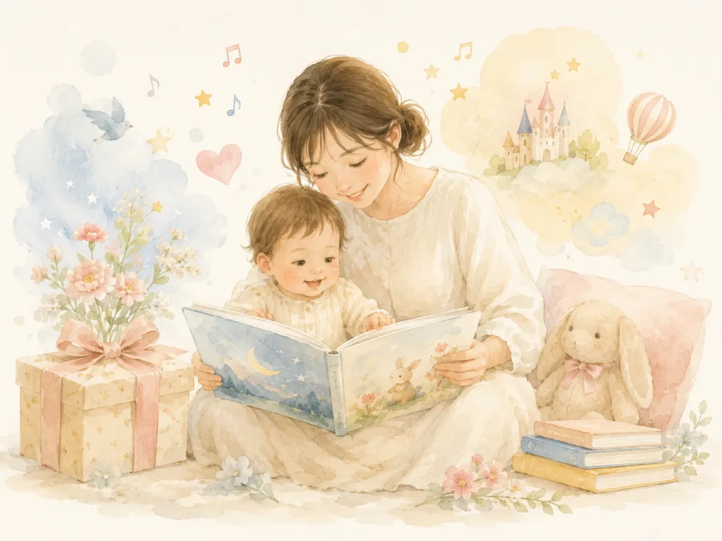 1歳の子どもと母親が絵本を読み、誕生日プレゼントや花、ぬいぐるみが添えられた水彩風イラスト