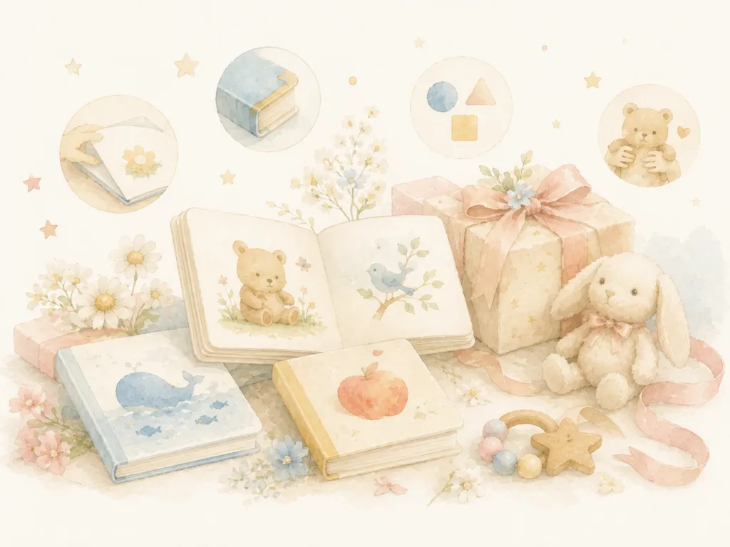 1歳の誕生日に贈る絵本の選び方を表した、絵本やギフト箱、ぬいぐるみを描いた水彩風イラスト