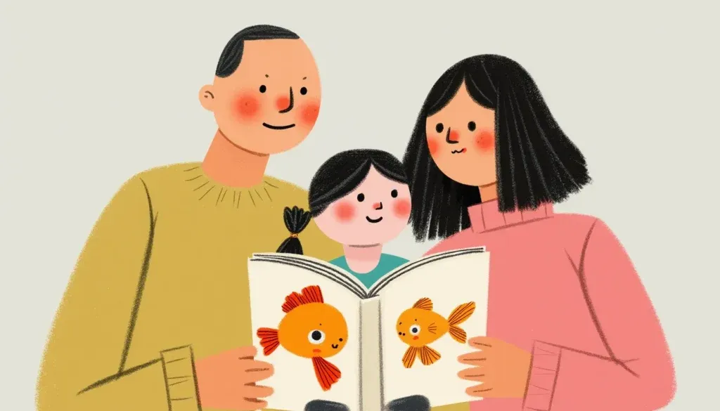 金魚が描かれた絵本をもつ親子のイラスト