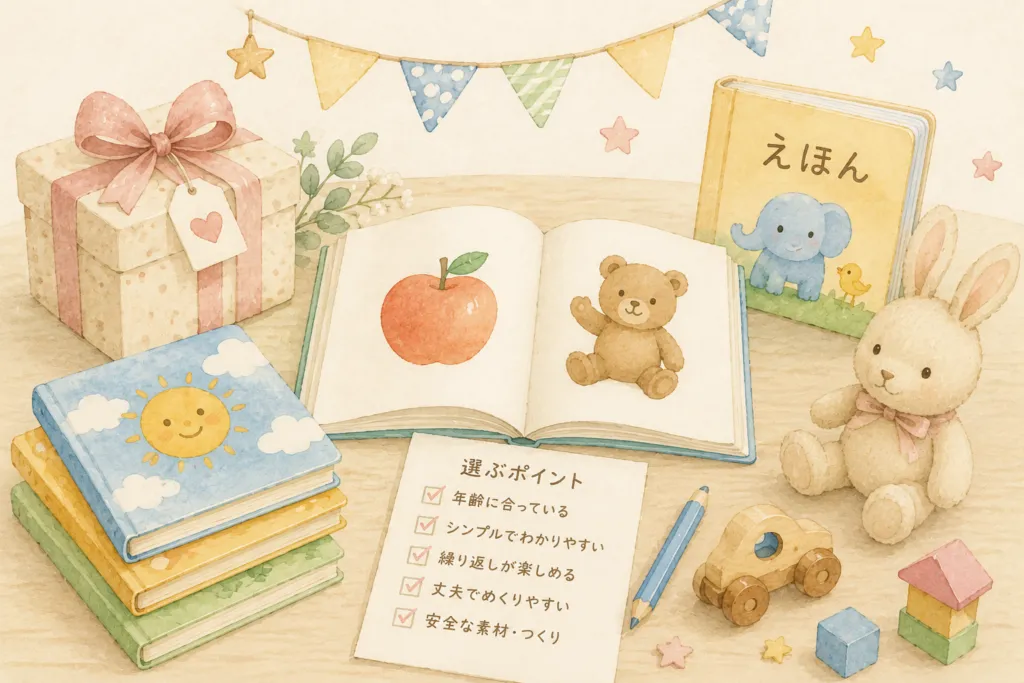 1歳の誕生日におすすめの絵本15選をイメージした、複数の絵本やギフト箱、ぬいぐるみを描いた水彩風イラスト