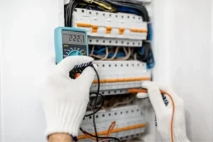 a close up of an Anaheim electrician wearing white safety gloves testing an electrical panel with a voltmeter electrical testing tool