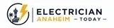 Electrician Anaheim Today Header Logo represented by a circular navy outline containing a gold lightning bolt, a palm tree, and an Anaheim-inspired observation tower. Below the icon is modern navy and gold text reading 'Electrician Anaheim Today, Anaheim California.