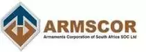 ARMSCOR logo with Armaments Corporation of South Africa SOC Ltd text, featuring a geometric emblem in blue and brown.