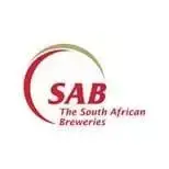 Logo of The South African Breweries (SAB) with red and gold swoosh design and text underneath.