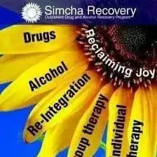 Sunflower with words on petals: Drugs, Alcohol, Re-Integration, Group Therapy, Individual Therapy, and "Simcha Recovery: Reclaiming Joy" text.