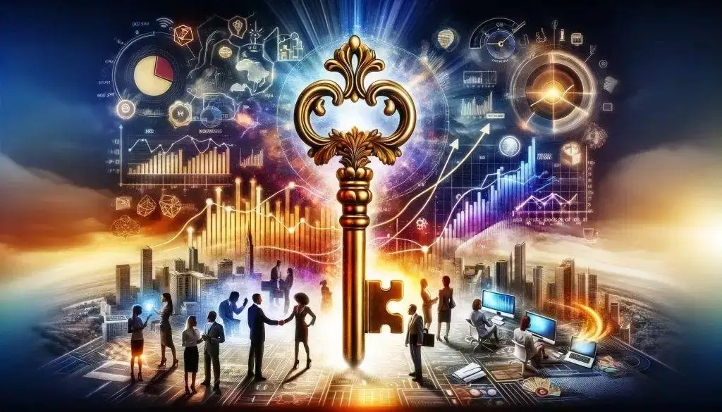 An ornate key with business charts and graphs in the background, representing exceptional customer service as the key to winning new business.
