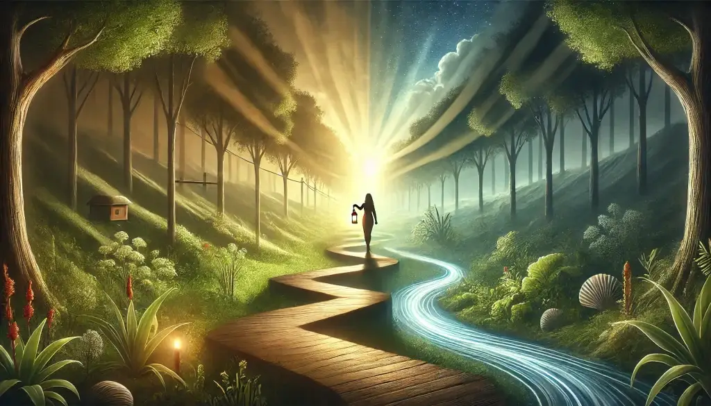 Person with a lantern walks on a path through a forest, symbolising a journey of self-discovery through life coaching.