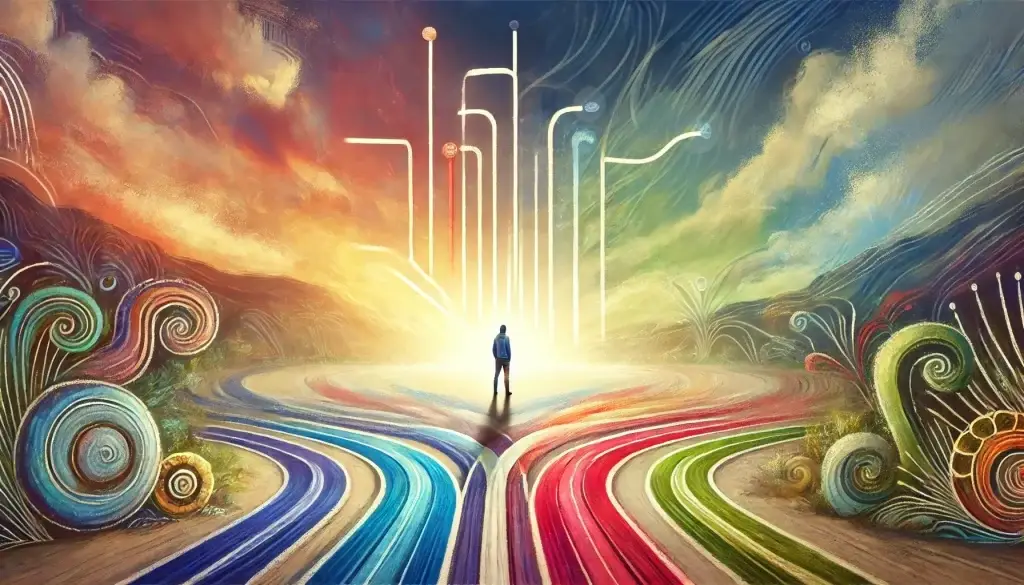 Person stands at the start of colorful pathways leading to illuminated diagram, symbolizing enneagram coaching and self-awareness journey.