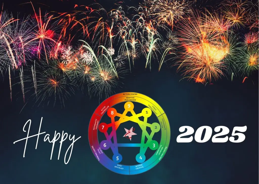 Fireworks celebrating New Year 2025 with an enneagram chart, suggesting new year's resolutions.