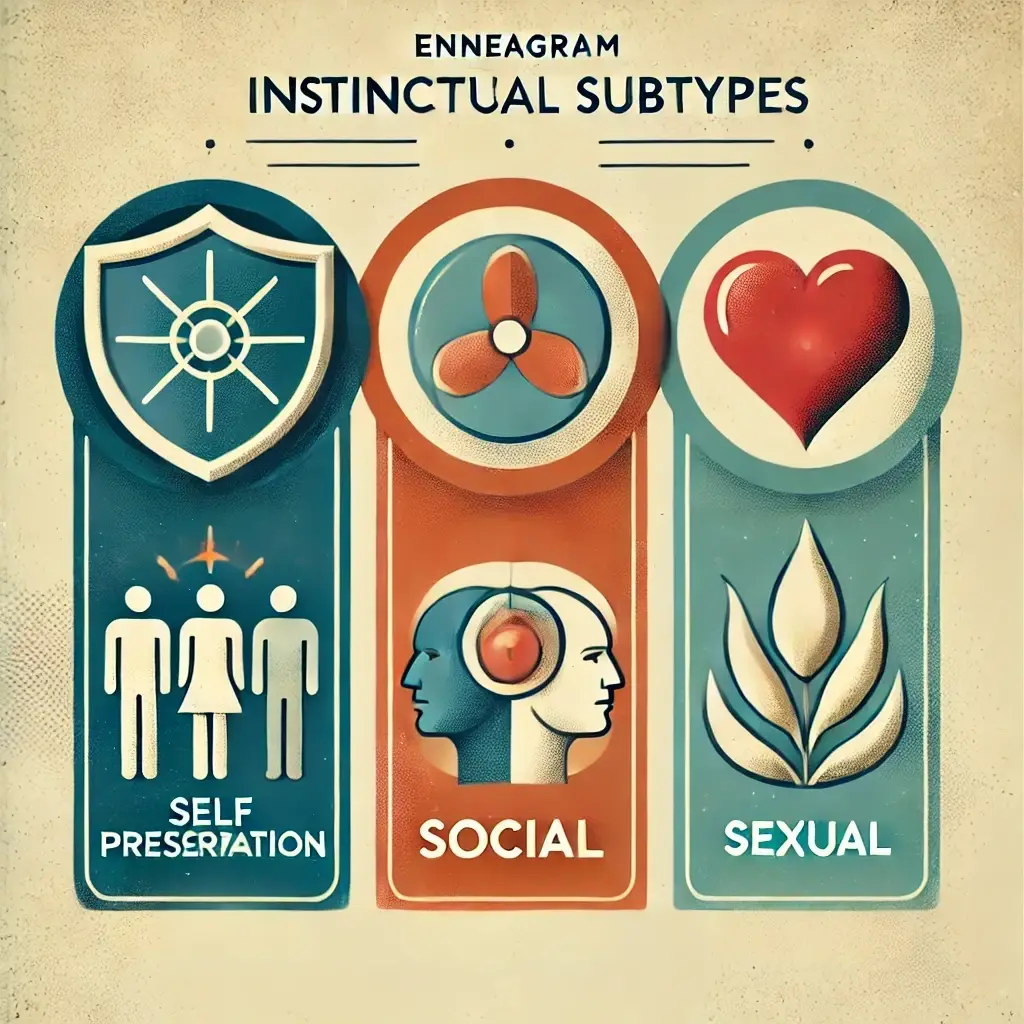 Enneagram chart illustrating instincts: self-preservation, social, and sexual subtypes, with icons and labels.