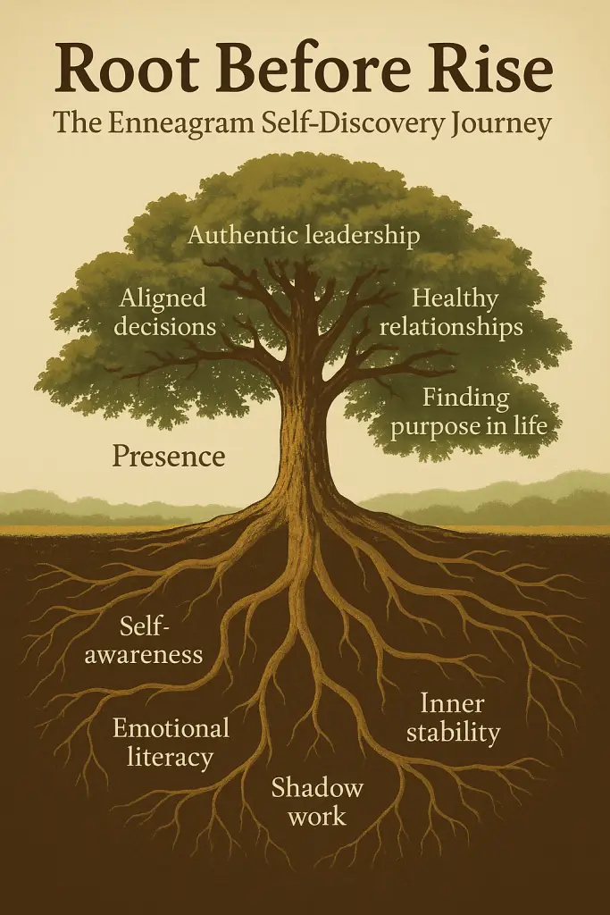 Tree depicting Enneagram Self-Discovery journey with keywords like self-awareness, leadership, and purpose in life.