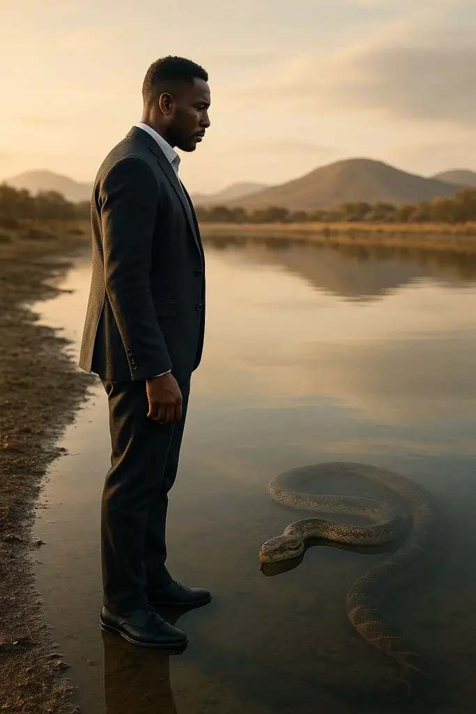 Man in a suit stands by a serene river, observing a large snake, symbolizing leadership development challenges.