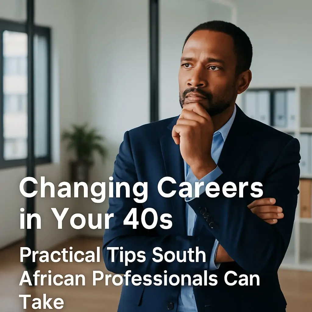 A thoughtful man in a suit considers options for changing careers in his 40s, with tips for South African professionals.