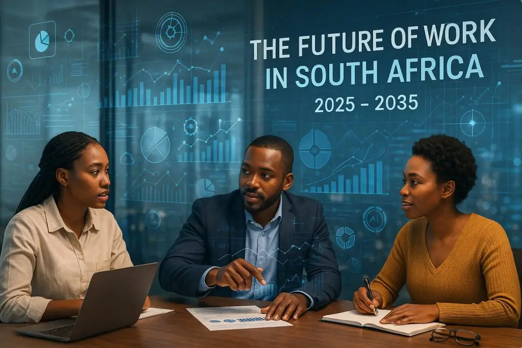 Three professionals discuss the future of work critical skills in South Africa, with data visuals in the background.