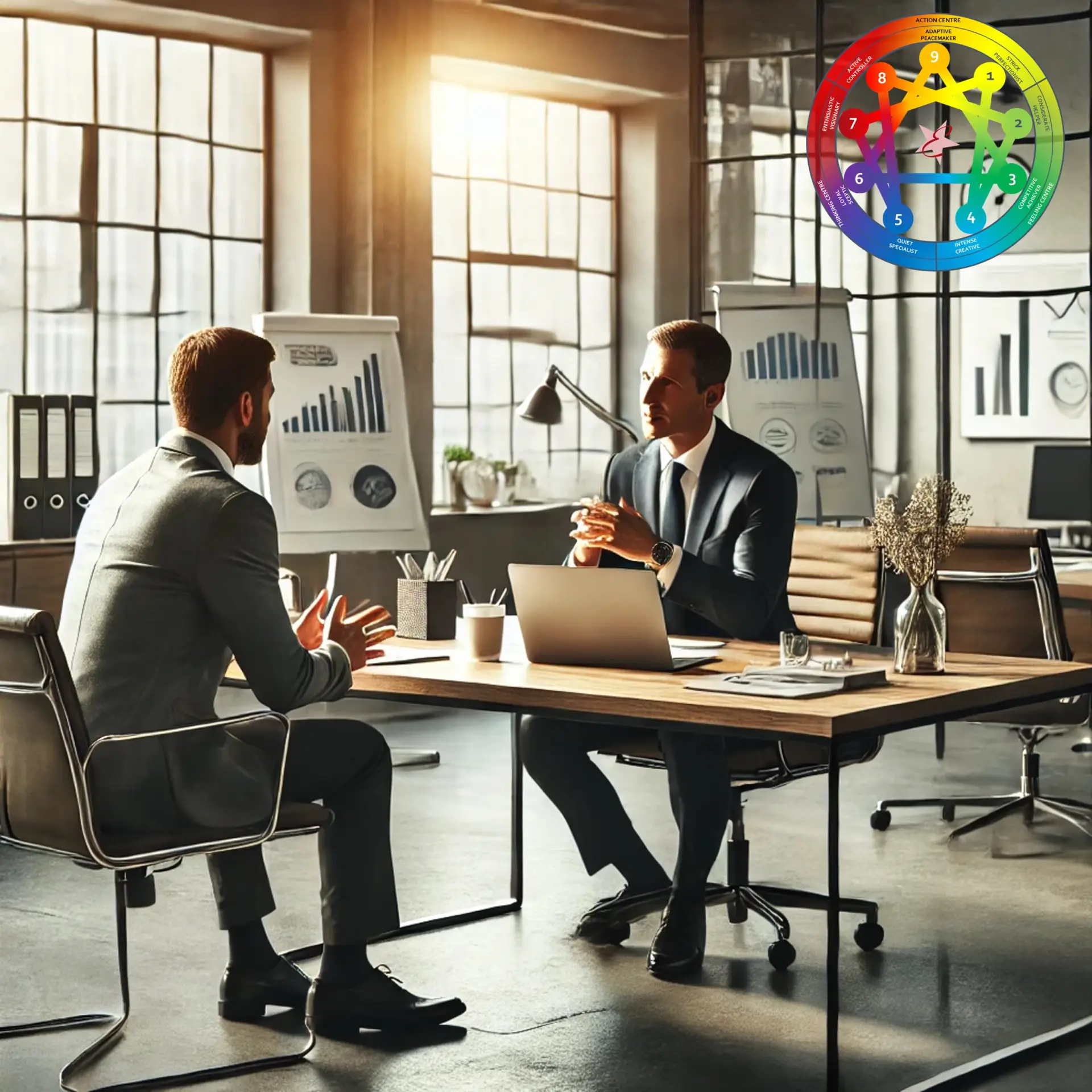 Two men in suits discussing Professional-Enneagram Coaching Services in a modern office with charts and laptop.