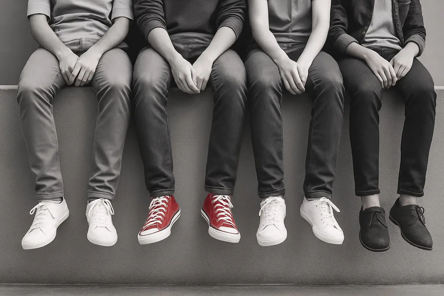 Five pairs of feet in casual shoes, showcasing diverse styles, perfect for discussing studymethods_studiemetodes.