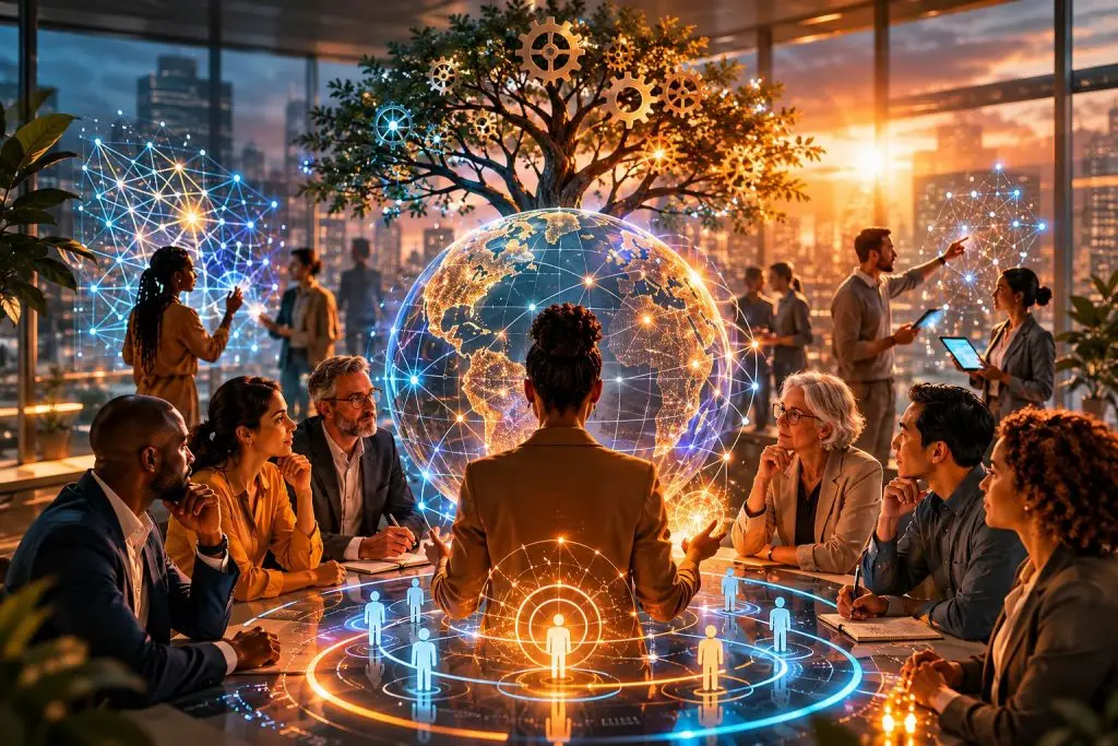 Business team in a futuristic meeting room with a digital globe, holographic displays, and a tree symbolizing growth.