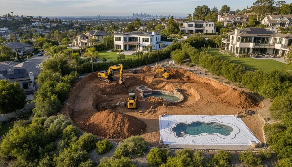 Editorial illustration of pool layout planning and earthwork