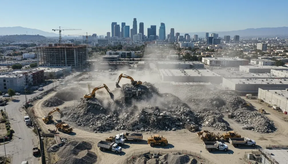 Editorial illustration of demolition and earthmoving equipment in Los Angeles