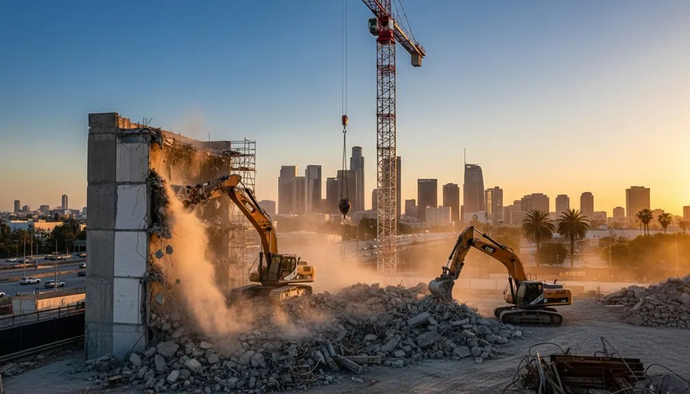 Editorial illustration of demolition equipment and a building site