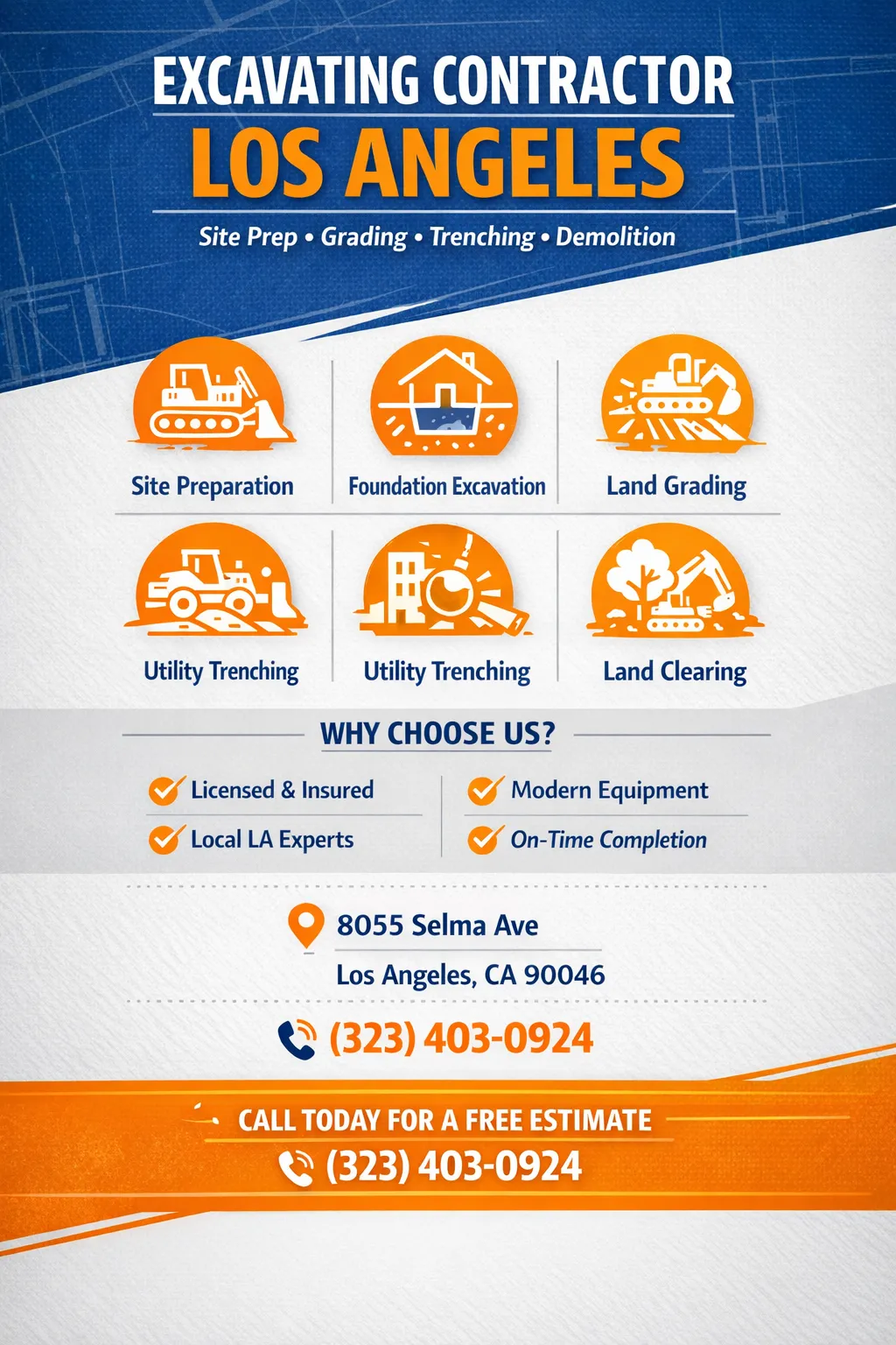 Excavating contractor Los Angeles infographic showing site prep, grading, trenching and demolition services