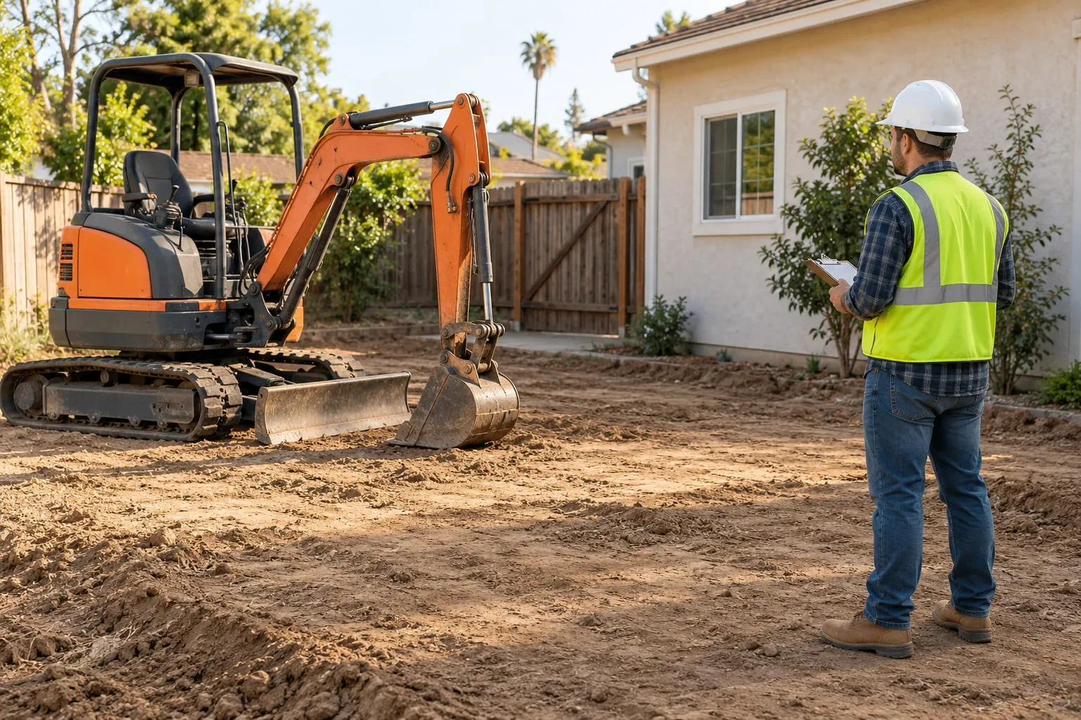 Generated scene of an estimator assessing a backyard beside a parked mini excavator.