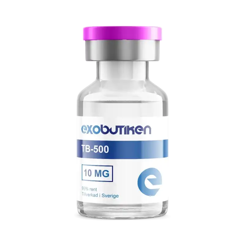 Flaska med peptid TB-500, 10 mg dos, tillverkad i Sverige av Exobutiken med lila lock och etikett.