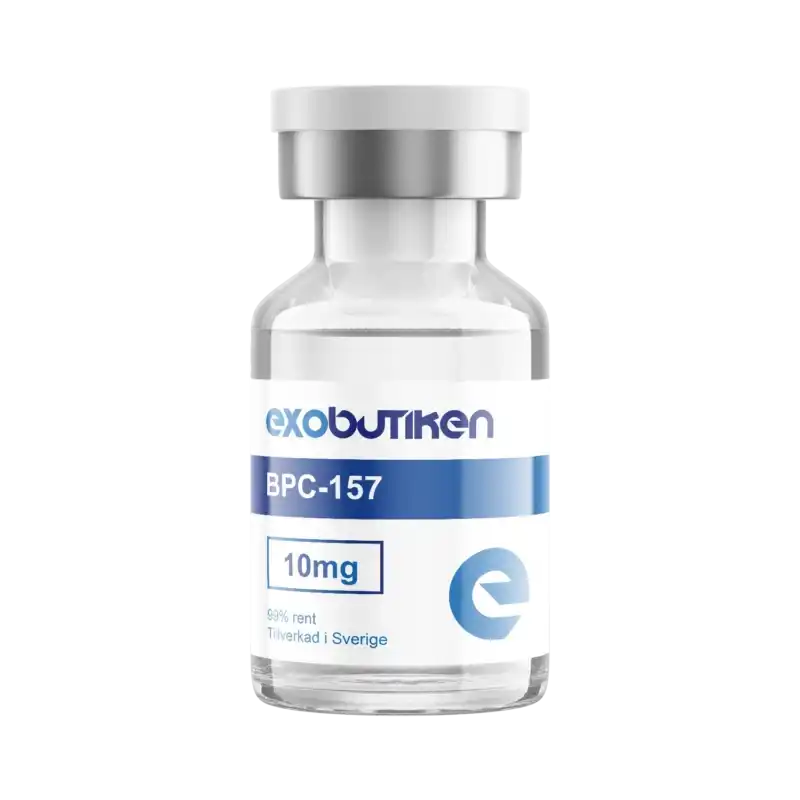 En flaska märkt 'exobutiken BPC-157 10mg' mot en transparent bakgrund, använd för neurogenesis och minnesförbättring.