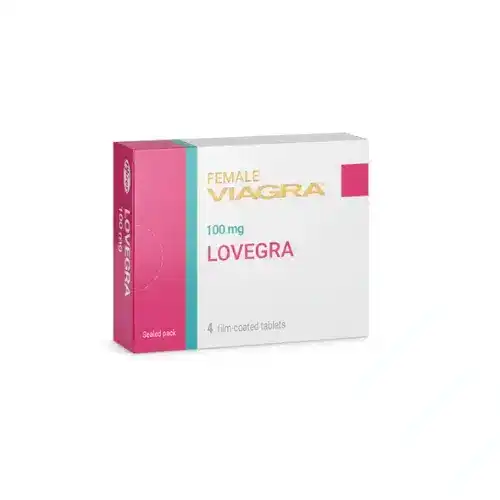 En ask med Lovegra 100mg, ett kosttillskott designat för att öka sexuell stimulans och njutning hos kvinnor.