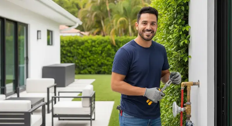 a smiling plumber on a gas line installation repair service