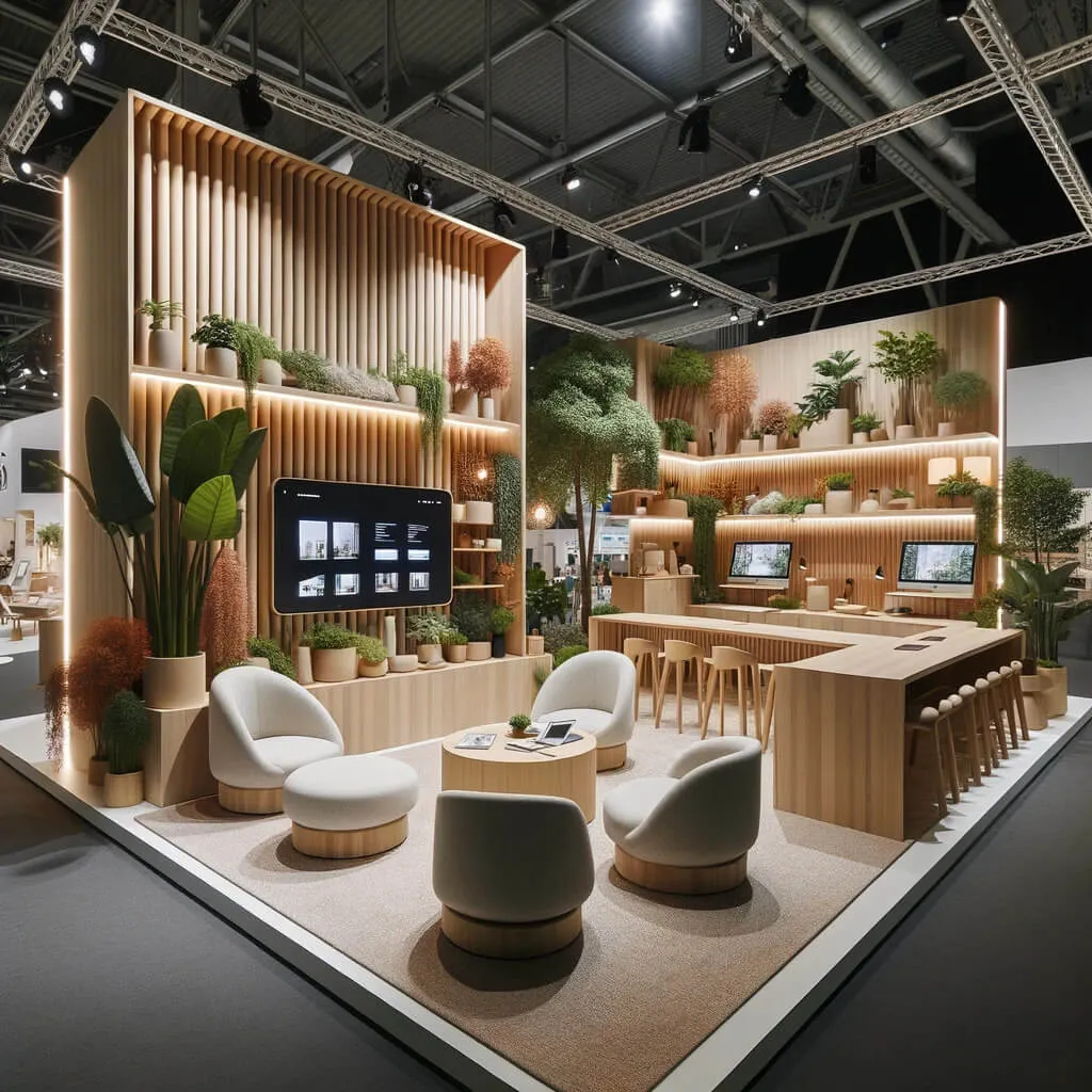Un stand d'exposition moderne comprend des meubles en bois clair, des plantes vertes, des écrans numériques, des chaises rondes, un long comptoir avec des tabourets et un éclairage d'ambiance, créant ainsi une atmosphère accueillante et respectueuse de l'environnement.