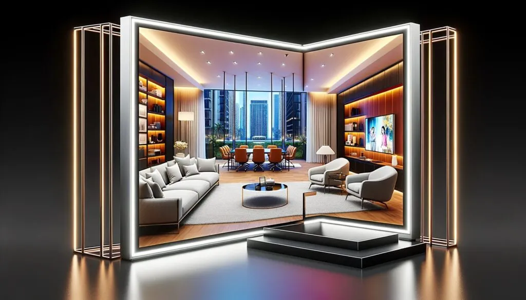 Een digitaal 3D-kunstwerk toont een moderne, luxueuze woonkamer met ramen van vloer tot plafond en uitzicht op de stad, weergegeven als in een open, gloeiend boek op een glanzend, donker oppervlak dat doet denken aan een high-end beursstand.