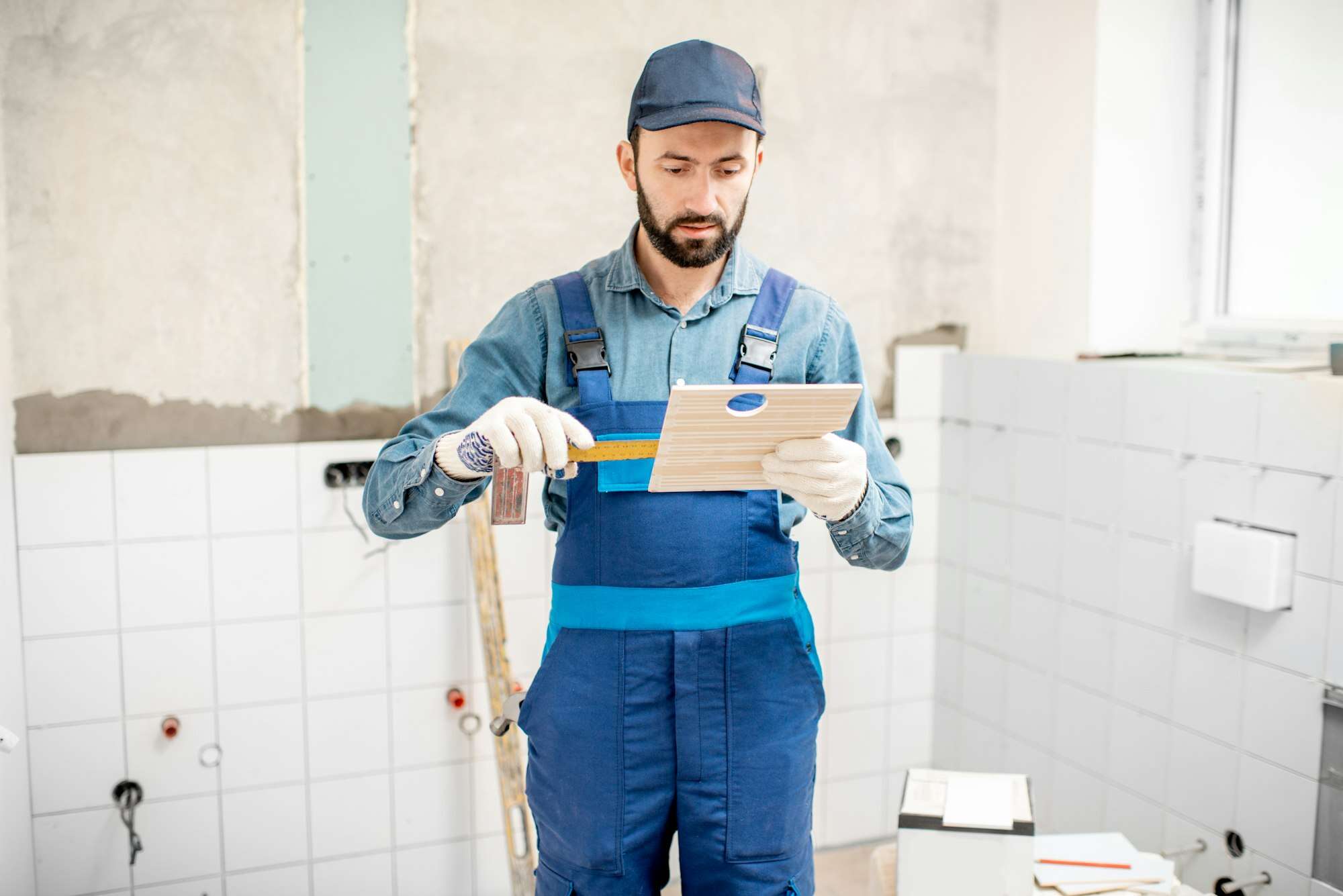Fabre Occitanie - Un ouvrier en uniforme bleu et casquette utilisant un niveau sur un carrelage dans une salle de bain en rénovation à Fabre, Occitanie.