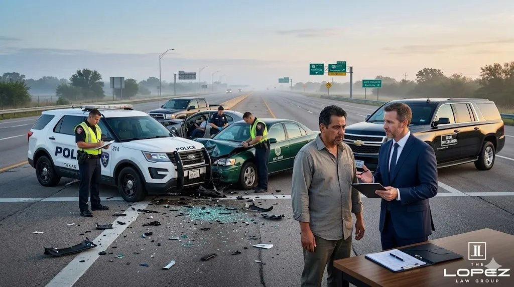 Attorney speaking with a driver at the scene of a highway crash while police work behind them