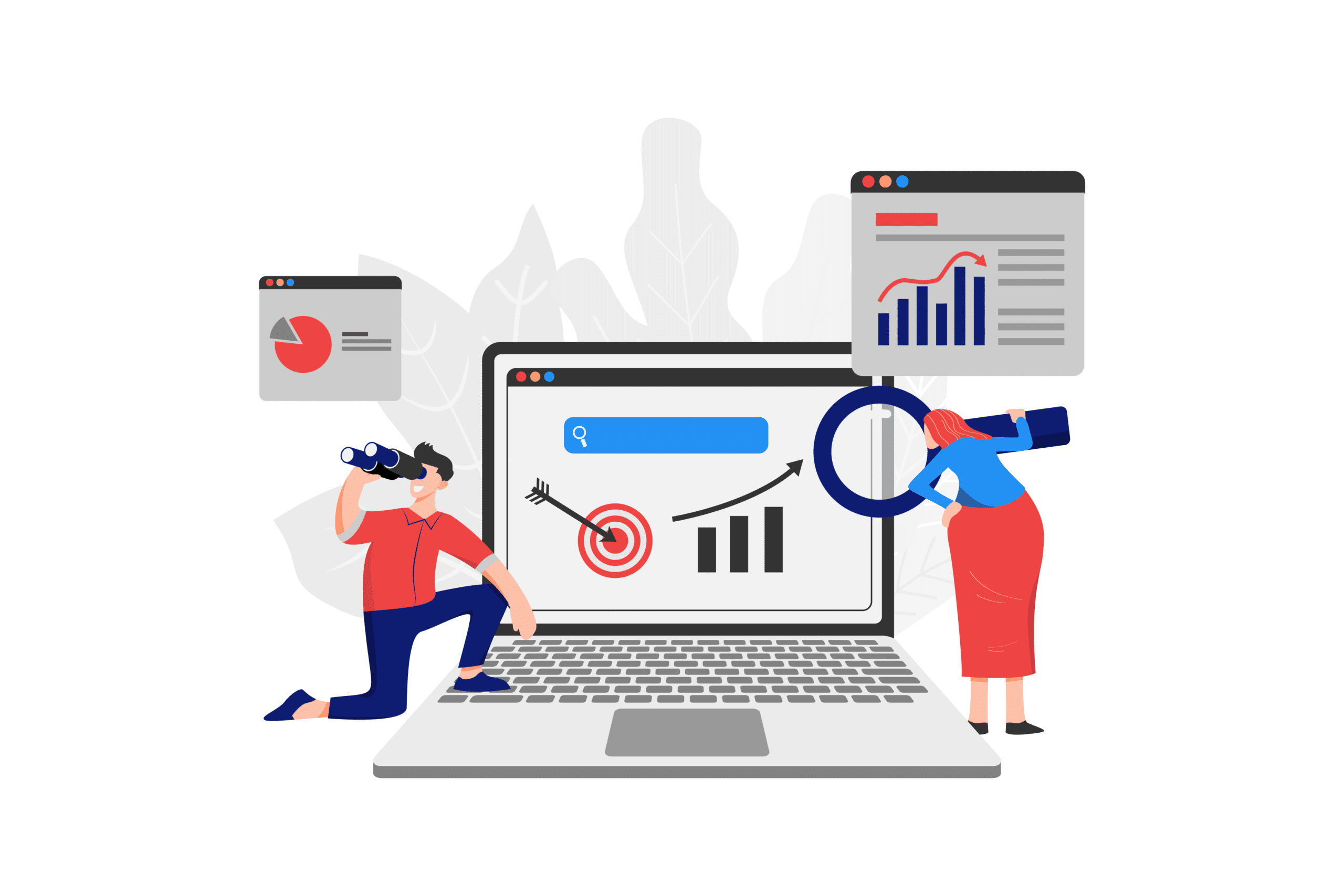 Flex CMO Illustration d'un homme et d'une femme, agissant en tant qu'experts Flex CMO, analysant des données sur un grand écran d'ordinateur portable affichant des graphiques et une cible. Ils utilisent des loupes et des jumelles pour examiner méticuleusement les graphiques et les données.