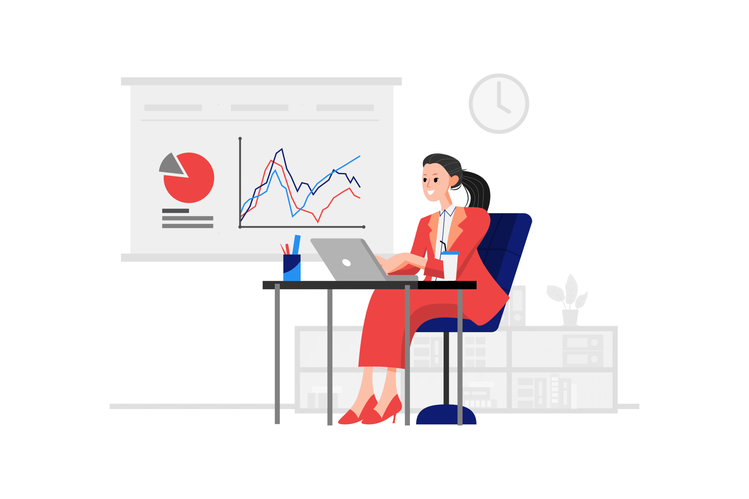 Flex CMO Une femme d'affaires est assise à un bureau avec un ordinateur portable, analysant des graphiques marketing sur un tableau de présentation dans un bureau moderne.