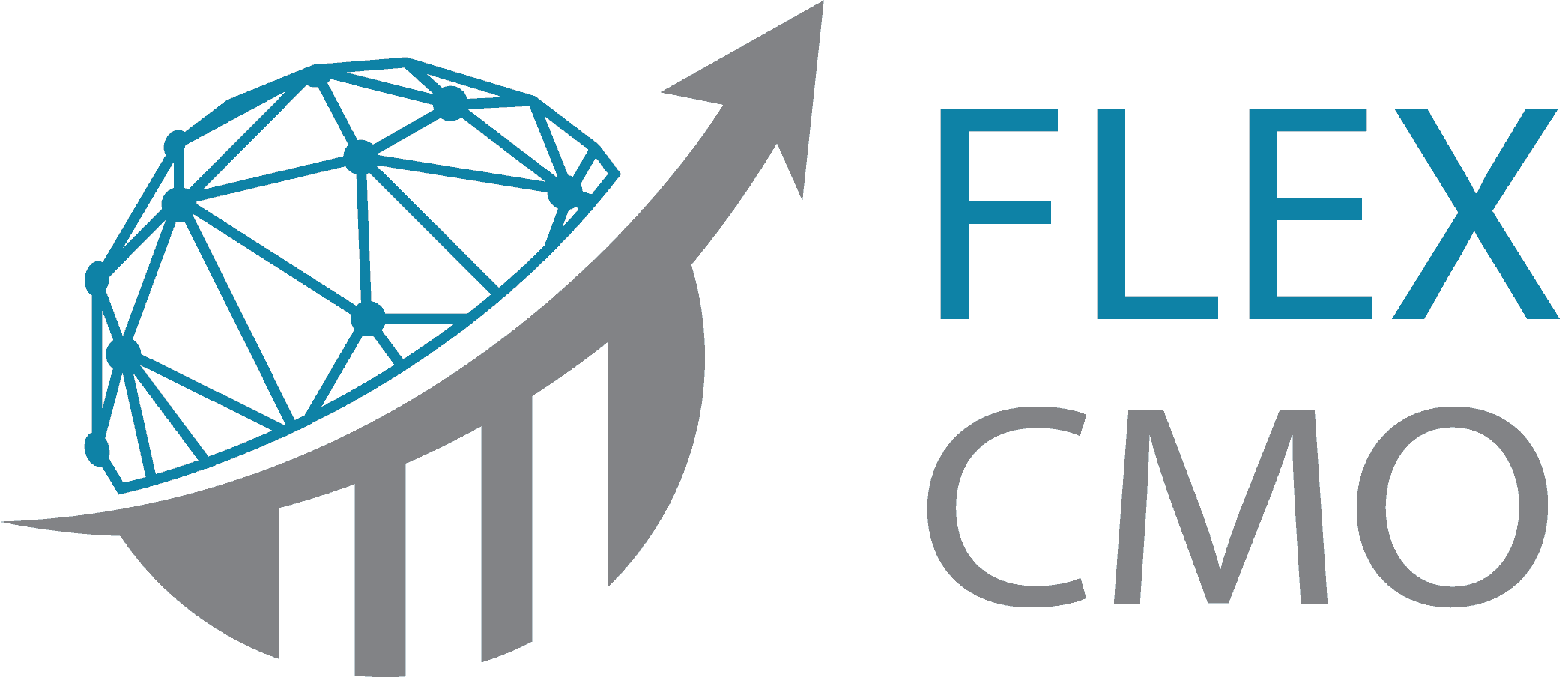 Flex CMO Logo de Flex CMO affichant un globe bleu stylisé avec une flèche montante incorporée à la lettre "M" sur fond vert.
