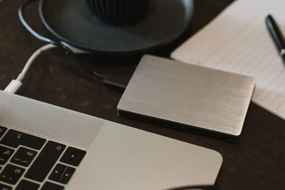 External backup drive connected to a Synology NAS for automated office data backup