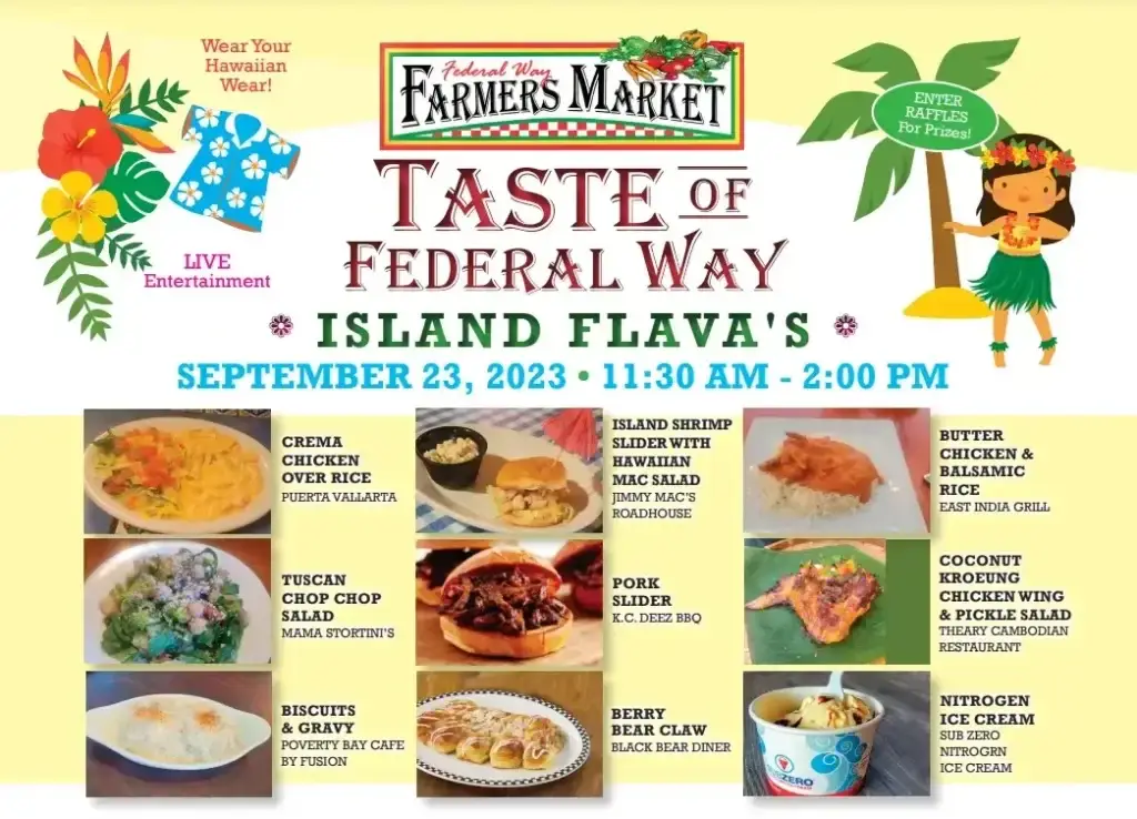 Federal Way Farmers Market Island Flava's event flyer, Sept 23, featuring foods and Hawaiian theme.
