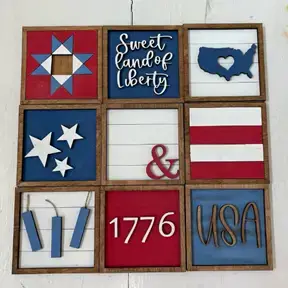 Rustic wooden signs: stars, stripes, 'USA,' '1776,' 'Liberty,' in patriotic red, white, blue.